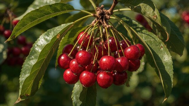 Cluster of red cherries hanging from a branch with green leaves, ripe and ready for harvest. Fruit, nature, and agriculture. The image of cherries on a tree.