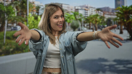 Woman hugging arms in a sunny city street lined with palm trees and modern buildings while wearing a denim shirt and crop top; self love.
