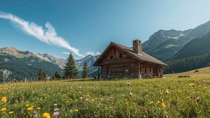 A rustic wooden cabin situated in a mountain meadow with colorful wildflowers, under a blue sky with clouds and mountain peaks in the background.