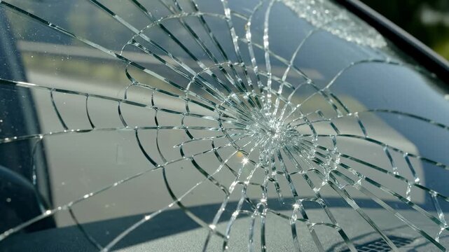 Damaged car windshield with a bullseye crack after a traffic accident on the road, illustrating the need for vehicle insurance, repair, and driving safety on the highway