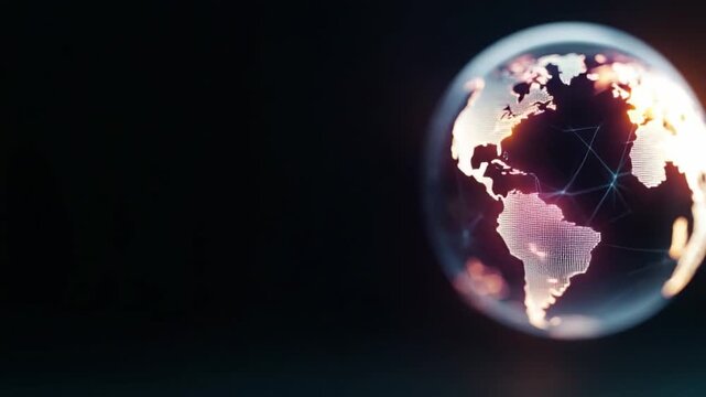 Global Connection: A glowing world globe illuminated with continents and intricate lines that symbolize global interconnection in a dark background.