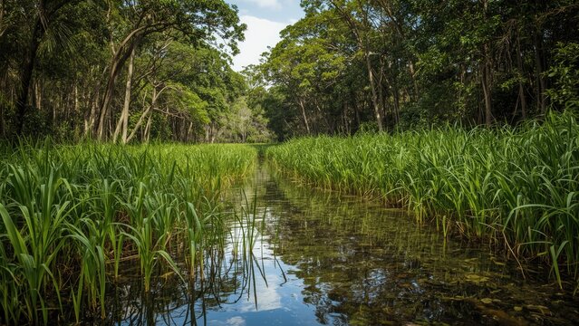 Lush green grass along a calm river in a dense forest. Nature and wilderness, scenic landscape, tranquil environment.