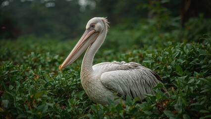 Fototapeta premium Pelican in a natural green environment with lush foliage.