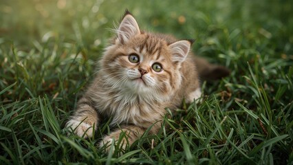 A cute kitten lying in the grass outdoors, surrounded by lush greenery.