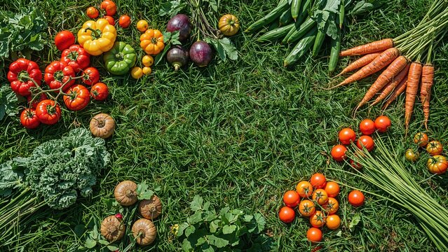 Fresh vegetables and tomatoes laid out on green grass, showcasing a variety of colorful produce including tomatoes, carrots, broccoli, and eggplants. - Powered by Adobe