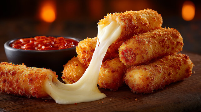 hot mozzarella sticks, melted cheese stretching from one piece, crispy golden crumb, served with bright red marinara dip