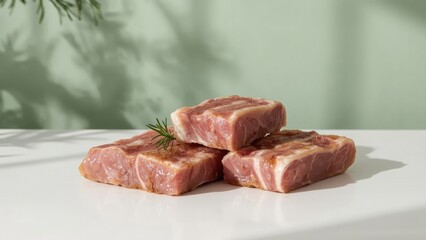Uncooked pork ribs with a sprig of rosemary on a white surface
