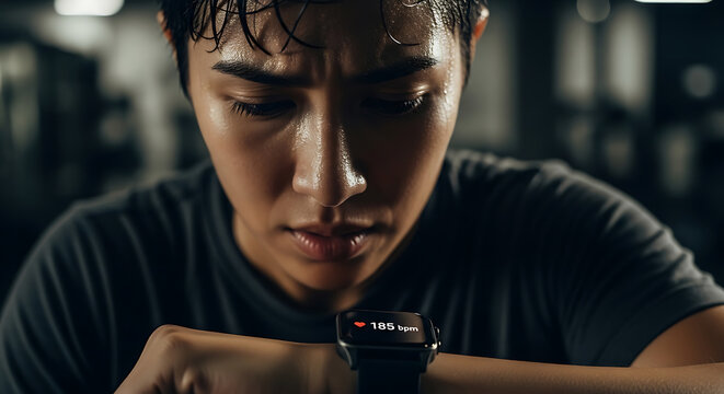 Determined athlete monitoring her heart rate on a smart wearable during a challenging and intense training session - Powered by Adobe