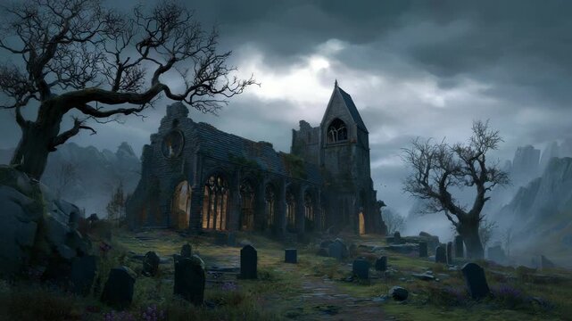 Abandoned gothic church in stormy weather with graveyard and leafless trees