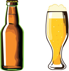 Vector images of beer bottle and one glass of beer isolated on white background