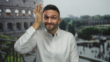 Young man standing in front of the iconic colosseum in rome, italy, exuding a relaxed vibe, with...