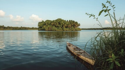 A river landscape with an island, a boat near the shore, and tall grasses in the foreground. Tranquil water and a partly cloudy sky.