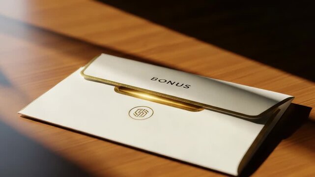 Bonus card and envelope on wooden table with sunlight falling create appealing promotion. Bonus card and envelope look luxurious and elegant, suitable for loyalty program.