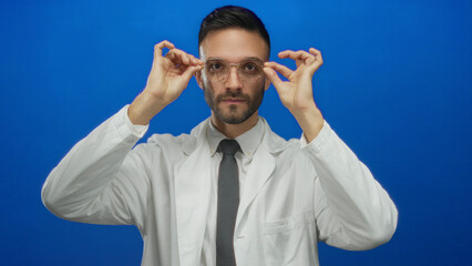 Young man wearing coat adjusting glasses with blue background suggesting professionalism and expertise with focus on appearance and style.