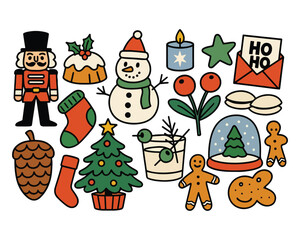 Vector set of Christmas holiday icons featuring cartoon illustrations of Santa, a tree, snowman, gift, and bell ornaments for winter season decoration design
