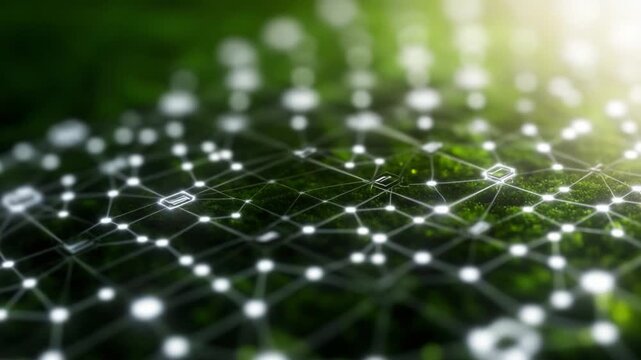 Digital Ecosystem on Organic Canvas:  A complex web of digital connections and pathways merges with the verdant essence of the natural world.