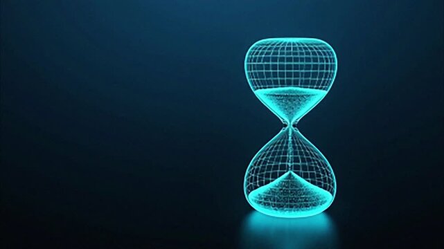 An illuminated, transparent wireframe hourglass in neon blue glows against a deep blue background. Sand particles flow, representing time's relentless march.
