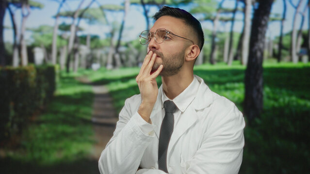 Young man in white coat and glasses thoughtfully poses in a green park, surrounded by lush trees, contemplating ideas on a sunny day.
