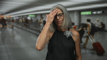 Woman with grey hair and glasses touching forehead with hand in crowded airport terminal, sleeveless and brooch visible; travel fatigue.