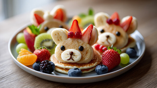 Close-up of fluffy bear pancakes with strawberries and berries for a fun kids' breakfast. (AI Generated)