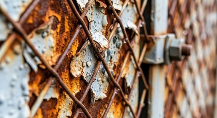 A close-up showcases a weathered, rusted metal gate with peeling paint. Grid pattern visible. A bolt and nut secure the closure. Texture and decay are prominent