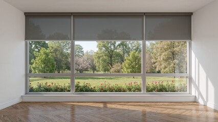 Fototapeta premium Empty room with large window and blinds, overlooking a scenic outdoor view of trees and a garden. Modern interior design. Natural light and open space. The concept of indoor-outdoor connection.