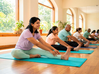 A diverse group of people, including young women and senior adults, practicing seated forward bend yoga pose paschimottanasana on mats during a wellness class in a bright studio