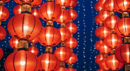 Vibrant display of traditional red chinese lanterns illuminating the night sky