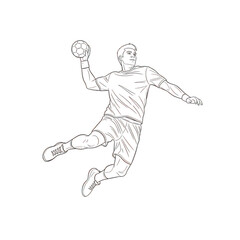 Handball player silhouette in mid air throwing a ball