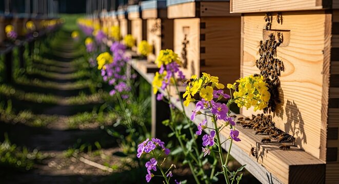 A sunny apiary scene. Wooden bee boxes are arranged in rows, with bees flying. Colorful wildflowers bloom nearby, creating a vibrant contrast to the honeycombs. A bright, natural light filters through - Powered by Adobe