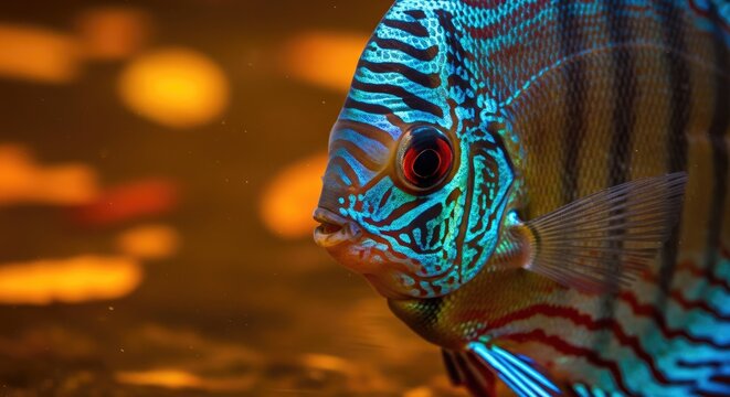 Close-up of a vibrant, patterned fish with iridescent blue stripes and a reddish eye. Bokeh background of warm orange hues suggests an aquarium environment. Detailed textures visible