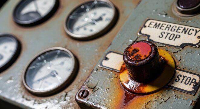 Close-up of a weathered, vintage control panel featuring gauges, a red emergency stop button, and aged metal textures. The panel is heavily distressed with visible rust and wear
