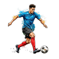 Dynamic soccer player kicking ball with artistic splatter effects
