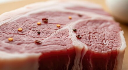 Close-up of raw red meat, showcasing its texture with visible marbling and specks of seasoning on the surface, on a wooden surface, with blurred background