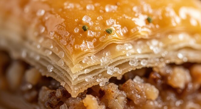Close-up showcases a pastry's flaky layers, glistening syrup, and textured nutty filling. Fine sugar crystals add a touch of sparkle. The warm color palette evokes a sense of deliciousness