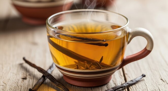 A glass cup filled with steaming, amber-colored liquid, with visible vanilla beans. The cup sits on a rustic wooden surface, alongside scattered vanilla pods. Warm light enhances the scene