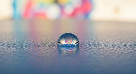 A clear water droplet sits atop a textured blue surface, reflecting a blurred rainbow of colors in its spherical form. The background is soft-focused, amplifying the droplet?s detail