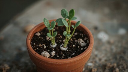 Young succulent plants in a terracotta pot with soil and small stones.
