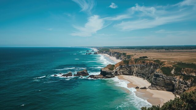 Coastline with cliffs and sandy beaches under blue sky and clouds, overlooking the ocean.