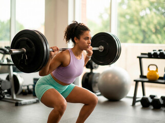 A determined young athletic woman performs a heavy barbell squat exercise in a brightly lit, modern fitness center, focusing intensely on her form and strength training routine