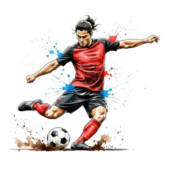Dynamic soccer player kicking ball with splashes of color