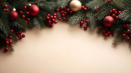 Christmas border with evergreen branches, red berries, and red and gold baubles on a beige background, elegant festive backdrop with copy space.