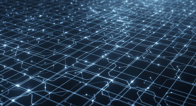 Futuristic technology grid with glowing nodes and lines, perfect for modern innovation, AI, data science, and high tech projects needing a digital edge