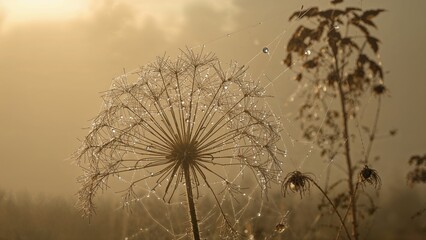 A close-up of a dandelion with water droplets on its seeds, backlit by morning sunlight, with blurred plants in the background.
