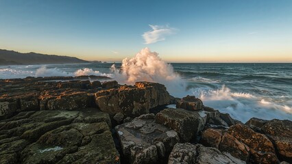 Coastline with rocks and waves crashing, during sunset or sunrise. Nature and ocean landscape. The scene of the rugged shoreline and turbulent waters.