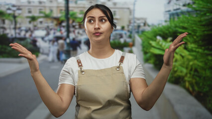 Woman in apron raises hands in a questioning gesture on a busy city street; frustration seeking...