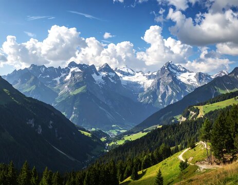 A sweeping vista showcases snow-capped peaks under a vibrant blue sky filled with puffy white clouds, over lush green valleys - Powered by Adobe