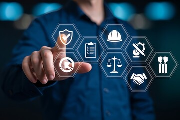 Businessman touching digital icons representing safety compliance and regulations