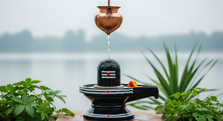 Shivling by Riverbank in Misty Monsoon – 4K Shivratri Wallpaper