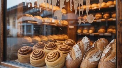 Charming Alpine bakery window display with cinnamon rolls and rustic bread